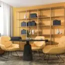 3d rendering yellow decoration living room with nice furniture