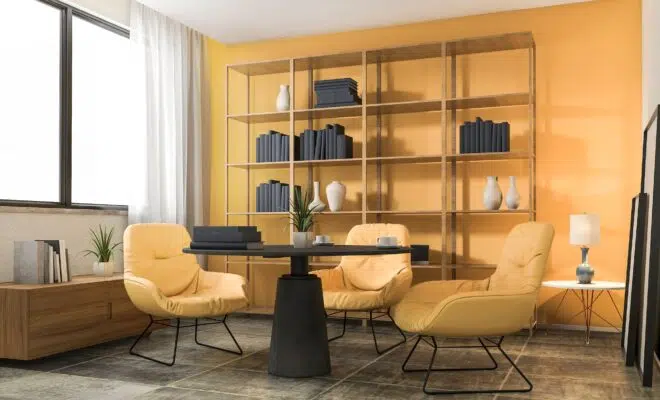 3d rendering yellow decoration living room with nice furniture