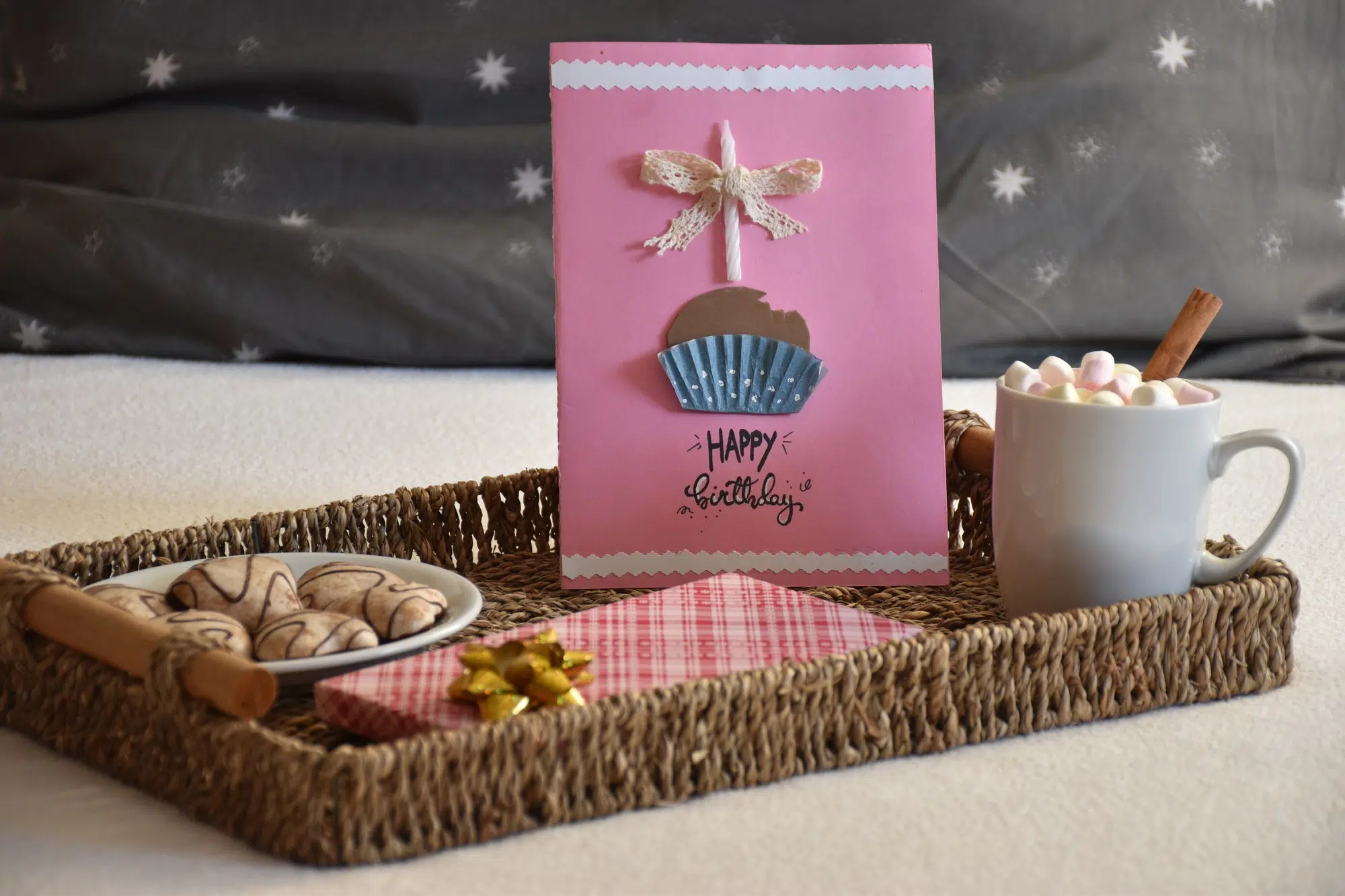 Gift, birthday card and breakfast in bed