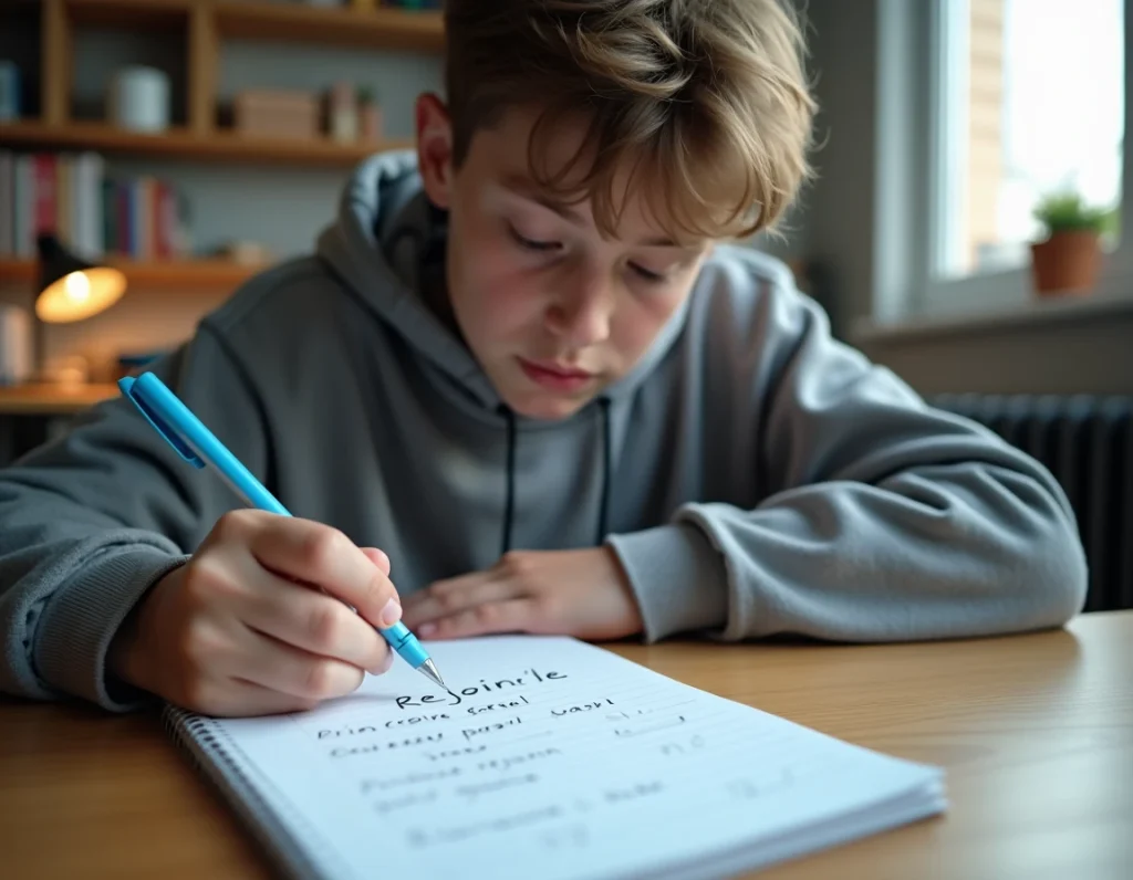 Adolescent pratiquant les accords du participe passé de rejoindre dans un cahier de dictée à la maison