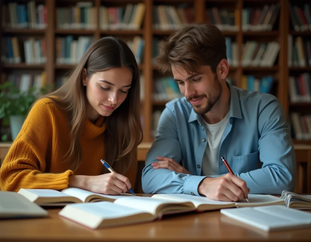 Deux étudiants révisant ensemble les règles du participe passé de rejoindre dans une bibliothèque universitaire