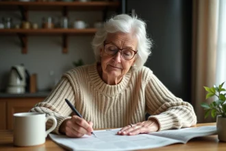Femme concentrée remplissant des mots croisés dans un journal avec un stylo, attablée dans une cuisine chaleureuse