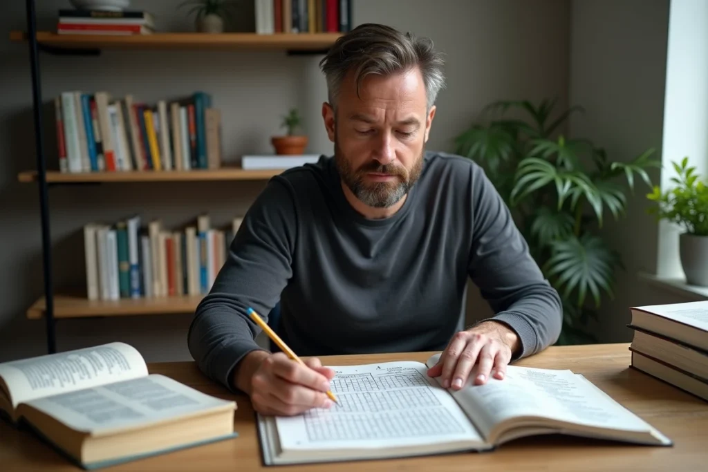 Homme studieux résolvant des mots croisés entouré de dictionnaires et de notes manuscrites dans un bureau à domicile