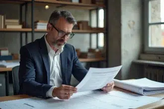 Ingénieur d'un bureau d'études parisien consultant un contrat d'assurance professionnelle sur une table de travail couverte de plans techniques