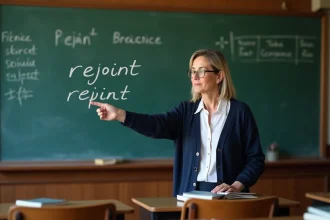 Professeure expliquant le participe passé du verbe rejoindre au tableau noir dans une salle de classe française