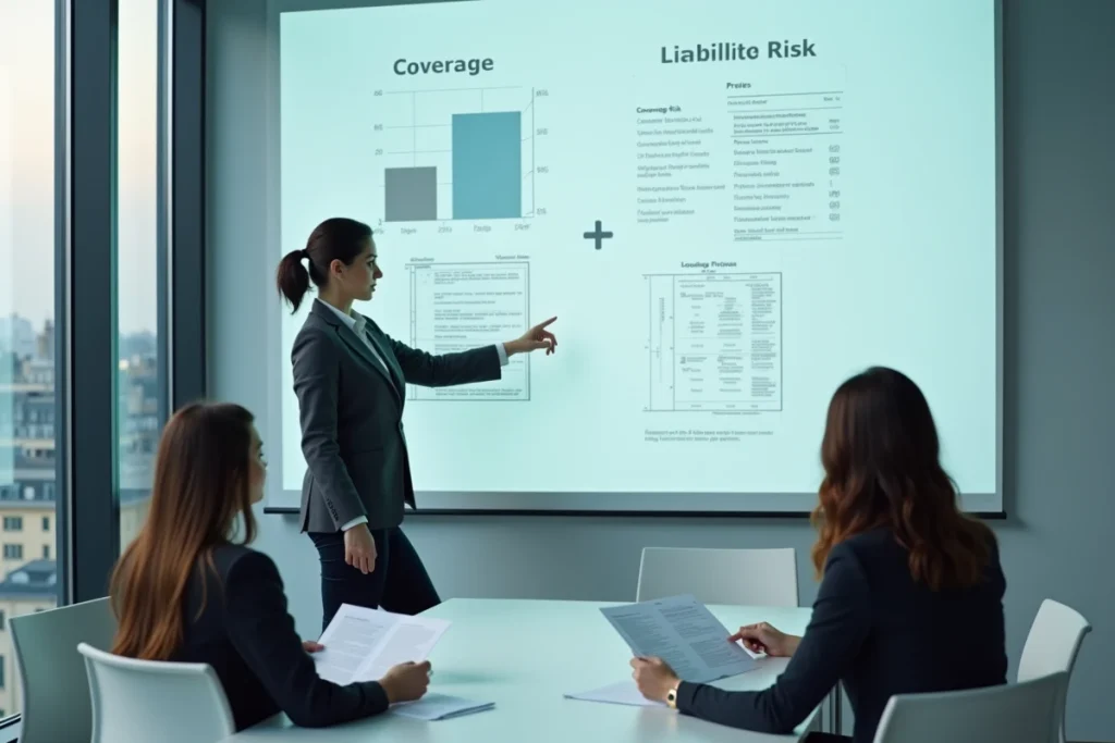 Réunion de bureau d'études à Paris autour d'une présentation sur les risques et les garanties d'assurance professionnelle