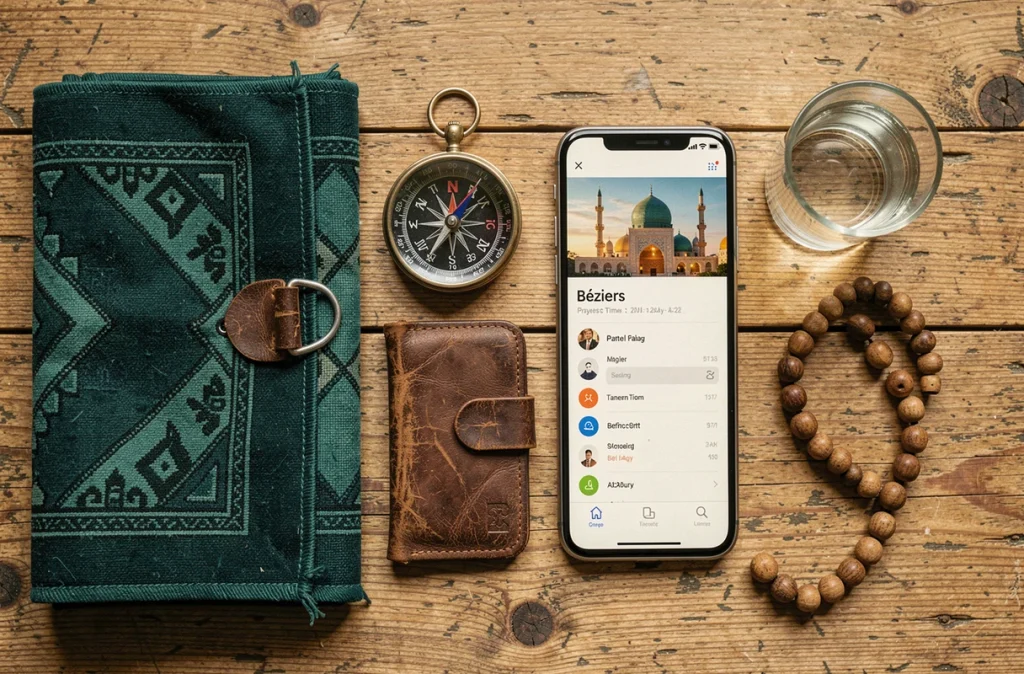 Flat-lay des accessoires de voyage pour les prières en déplacement à Béziers incluant tapis de prière boussole et application horaires