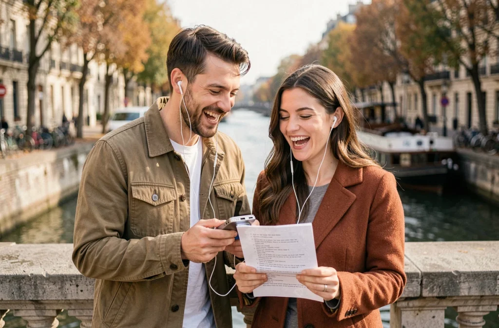 Deux amis apprenant les paroles d'une chanson ensemble sur un pont parisien au bord d'un canal en automne