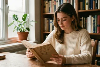Jeune femme étudiant les figures de style dans un livre annoté, assise dans une bibliothèque chaleureuse à domicile
