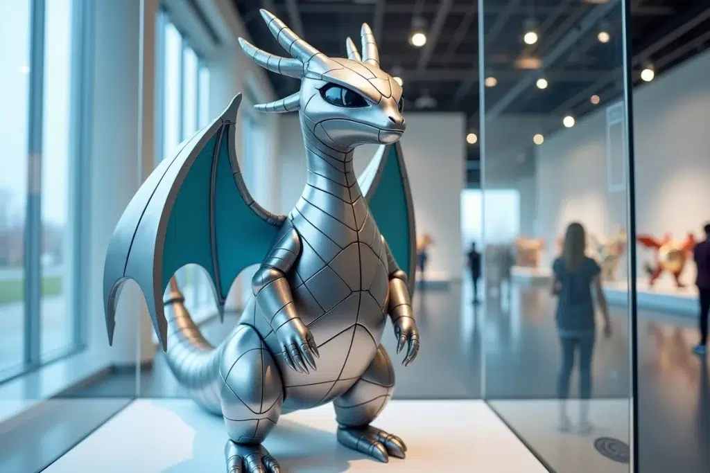 Grande figurine Archaludon de type Acier et Dragon exposée dans une salle d'exposition Pokémon style musée