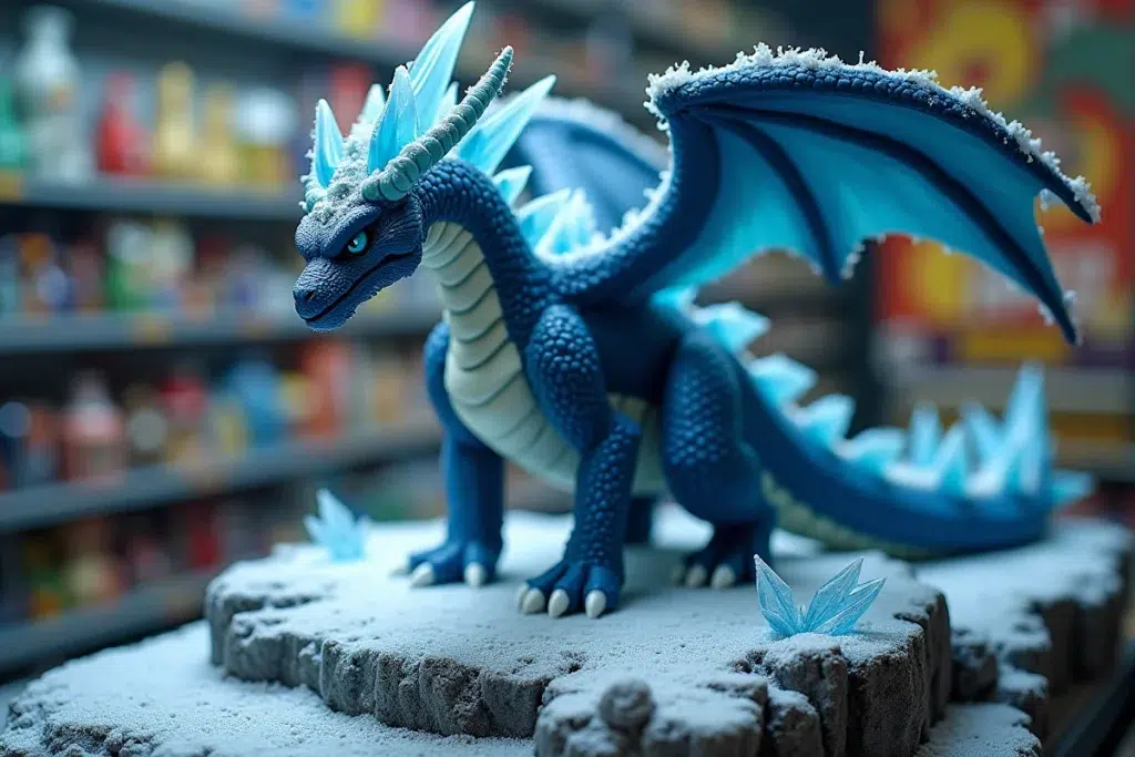 Figurine Baxcalibur de type Glace en pose de combat avec une corne translucide sur une base givrée dans une boutique Pokémon