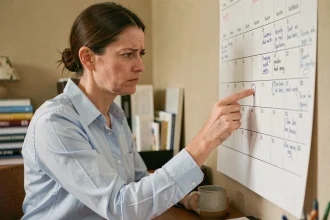 Femme calculant le nombre de jours entre deux dates sur un calendrier papier dans un bureau à domicile