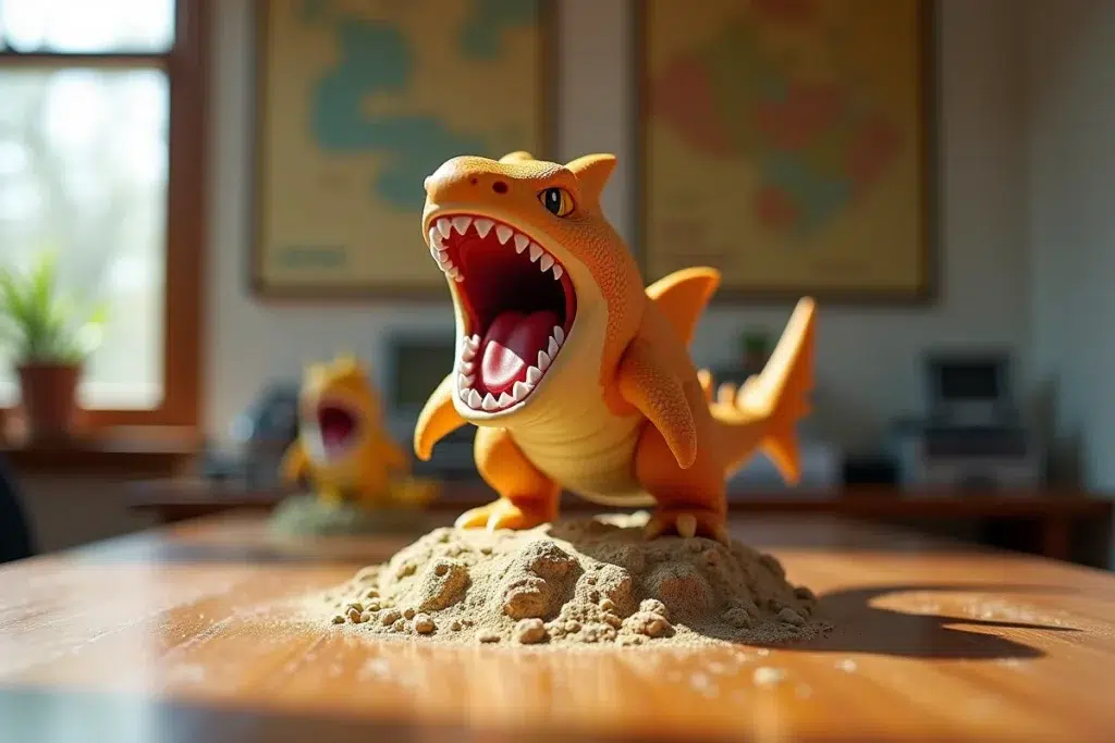 Figurine Carchacrok de type Dragon en pose menaçante sur une base rocheuse posée sur une table de joueur