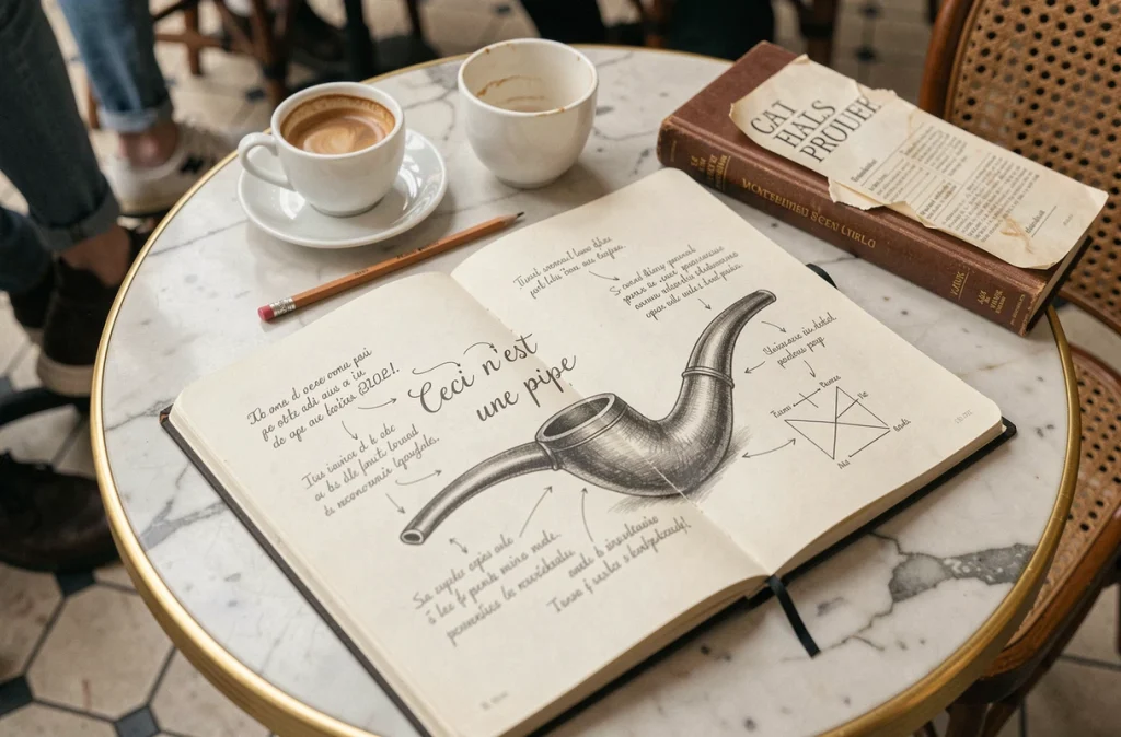 Carnet de croquis ouvert dans un café parisien avec un dessin de pipe annoté et la phrase Ceci n'est pas une pipe, référence au concept philosophique de Magritte