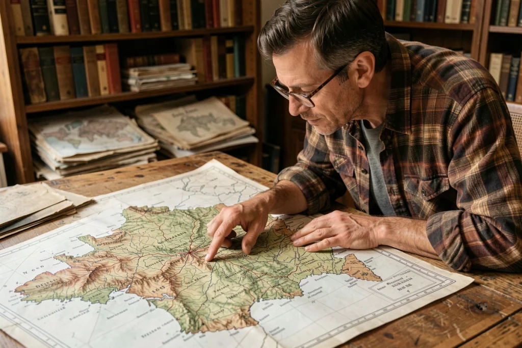 Cartographe étudiant une carte topographique détaillée des massifs montagneux de France