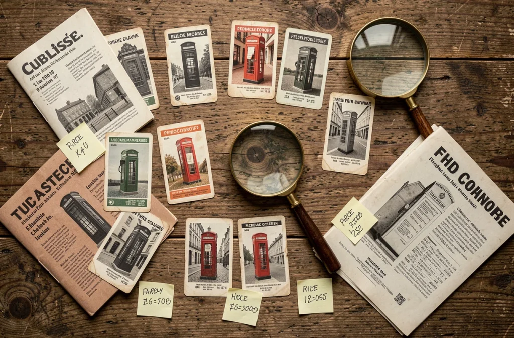 Collection de cartes cabine téléphonique étalées sur une table en bois avec catalogues d'estimation et loupe