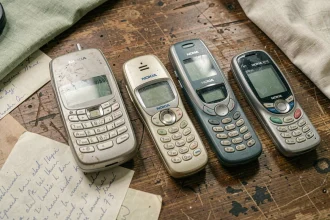 Collection de téléphones Nokia vintage années 2000 dont le Nokia 3310 disposés sur un bureau en bois usé
