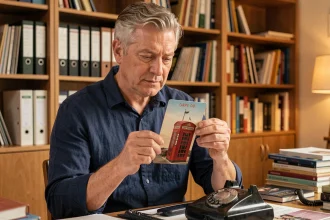 Collectionneur analysant une carte cabine téléphonique rare avant de la vendre, dans un bureau à domicile organisé