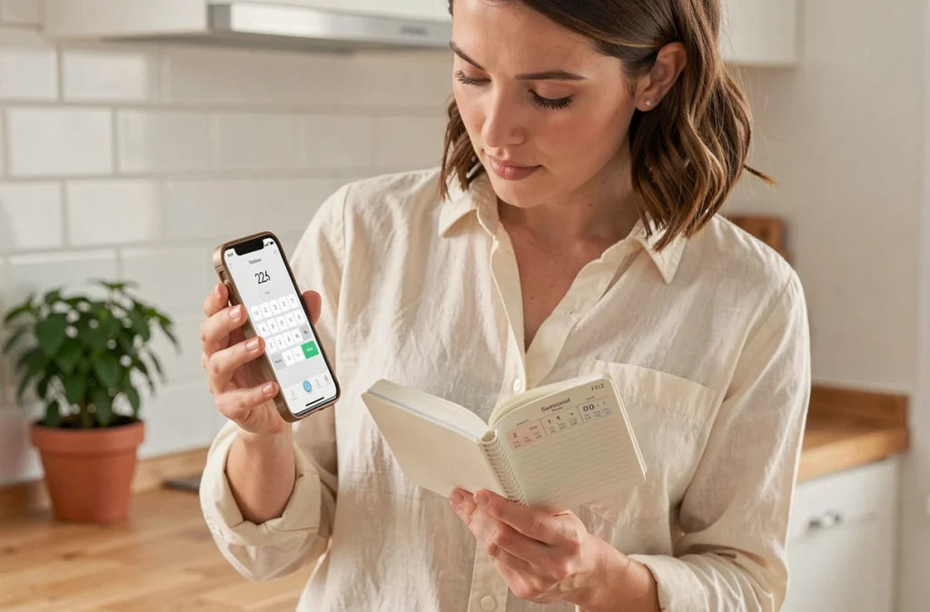 Jeune femme comparant des dates sur une application mobile et un agenda papier pour éviter les erreurs de calcul