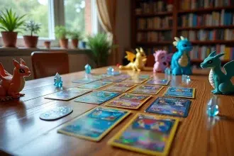 Comparatif des meilleurs Pokémon anti-Dragon : cartes holographiques et figurines de type Dragon et Fée étalées sur une table en bois dans une salle de jeux