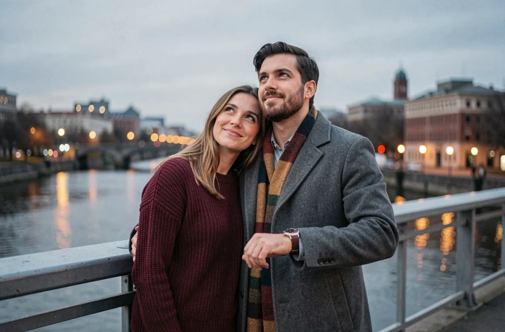 Couple regardant le ciel sur un pont urbain au crépuscule, l'homme consultant sa montre à 18h18, symbole d'un signe amoureux réciproque