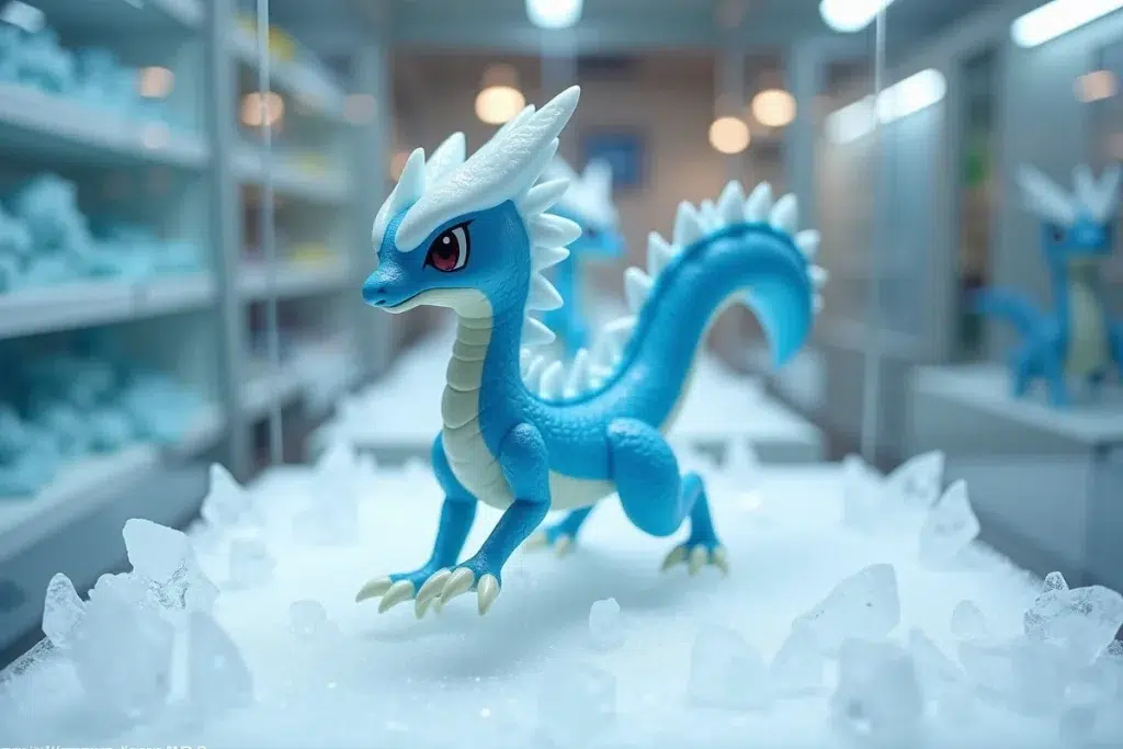 Figurine Dimoret de Hisui de type Glace en pose dynamique exposée dans une vitrine réfrigérée de boutique Pokémon