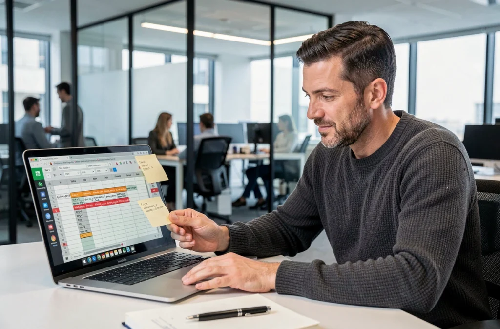 Homme identifiant des erreurs de calcul de jours entre deux dates sur une feuille de calcul Excel