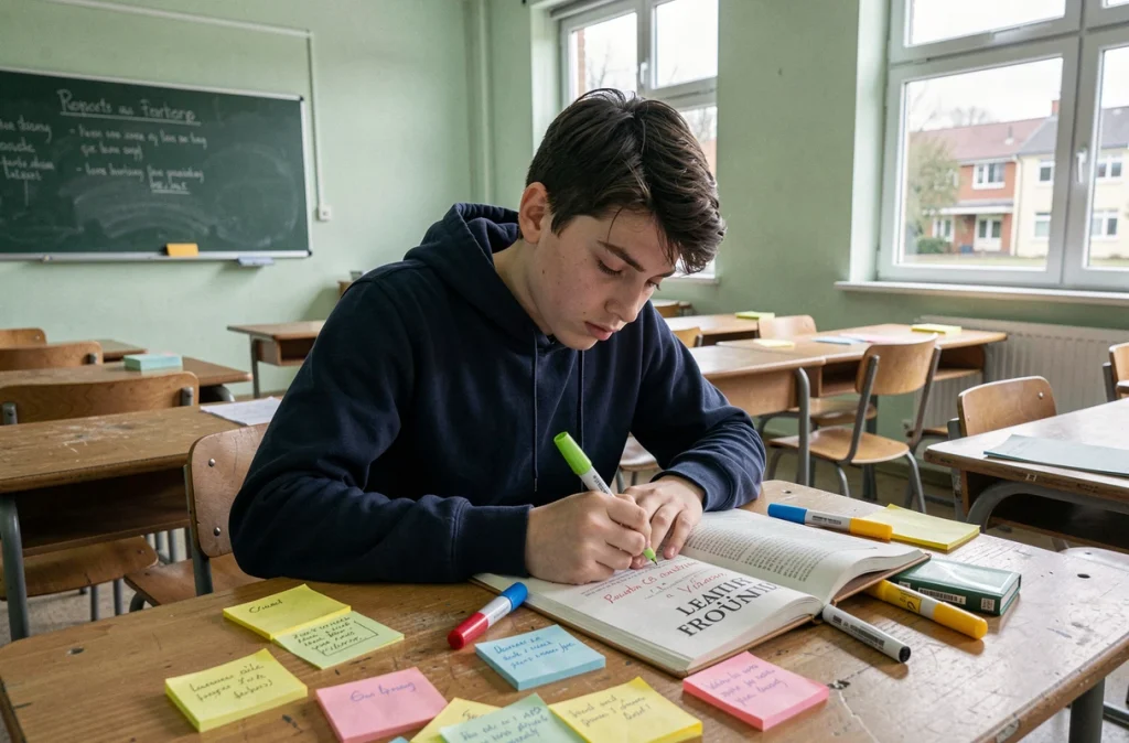Adolescent annotant un manuel de littérature française avec des post-its colorés dans une salle de classe