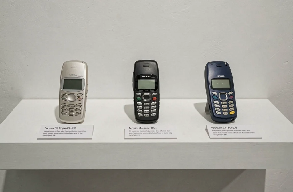 Exposition de téléphones Nokia classiques sur étagère blanche style musée avec étiquettes descriptives