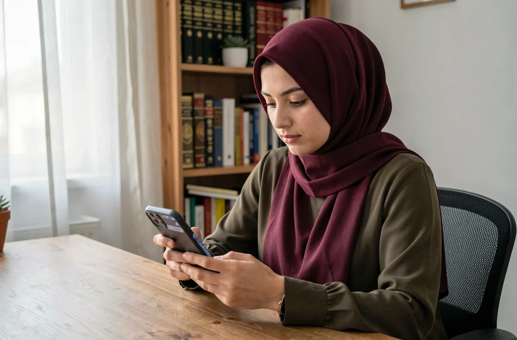 Jeune femme musulmane vérifiant les horaires de prière sur son smartphone à Vénissieux