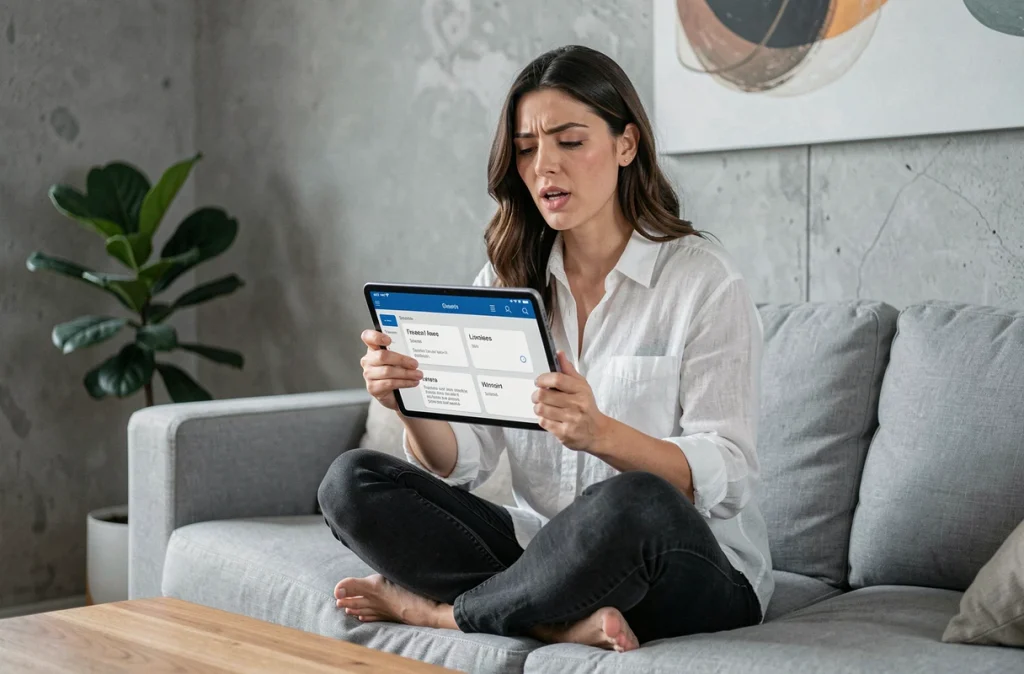 Femme utilisant une application de flashcards sur tablette pour mémoriser des figures de style dans un salon moderne