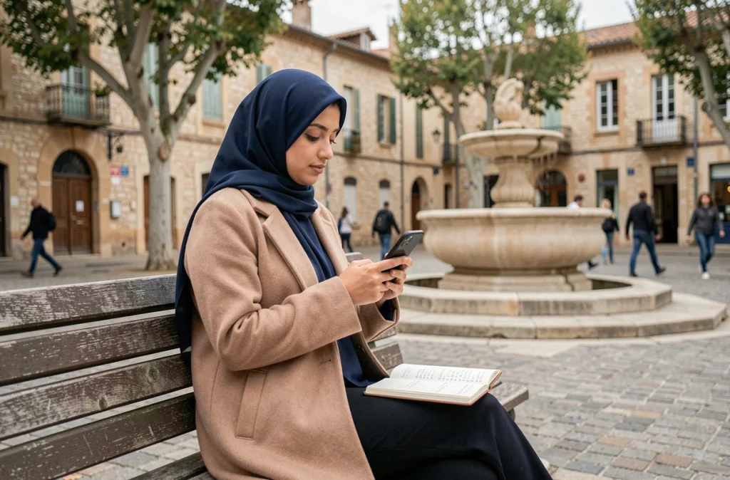 Femme voilée consultant les horaires de prière sur son téléphone dans une place publique de Béziers lors d'un voyage