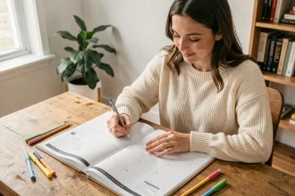 Femme écrivant sur un planning mensuel imprimé posé sur un bureau en bois dans un bureau à domicile organisé