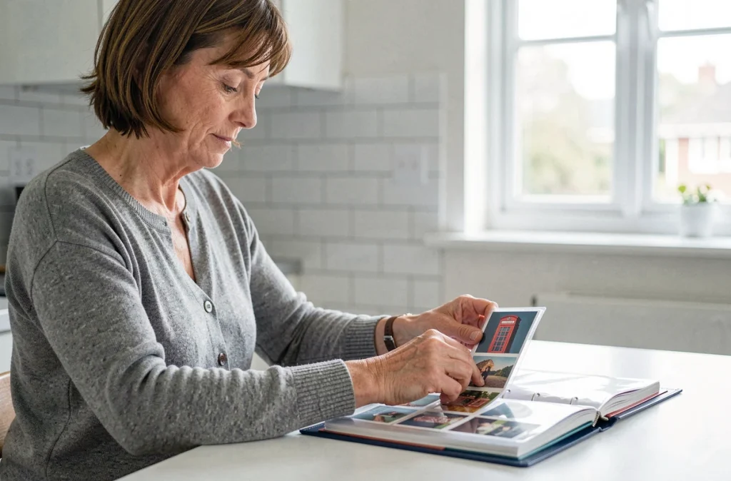 Femme rangeant des cartes cabine téléphonique dans un album de protection avant une mise en vente