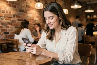 Jeune femme regardant son smartphone avec un sourire contemplatif dans un café chaleureux, évoquant la signification du 18h18 en amour