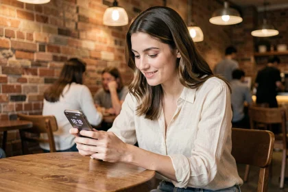 Jeune femme regardant son smartphone avec un sourire contemplatif dans un café chaleureux, évoquant la signification du 18h18 en amour