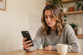 Femme perplexe regardant son téléphone avec un appel sans réponse, se demandant si son numéro est bloqué