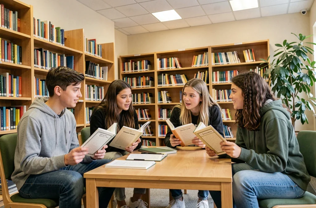 Groupe de jeunes adolescents discutant de la sourate Al Kahf en français dans une bibliothèque communautaire