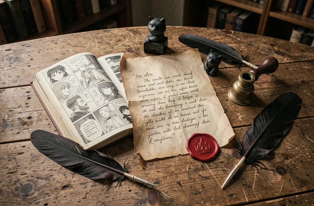 Guide des personnages du manga Princesse des Flammes Noires avec notes et figurine sur bureau vintage