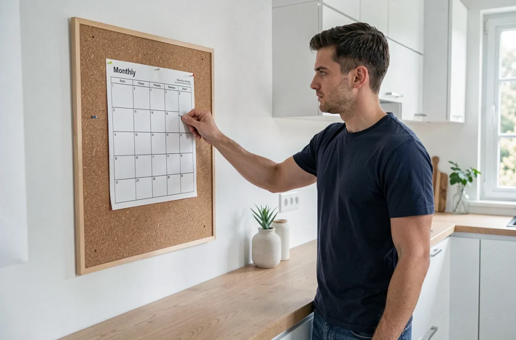 Homme accrochant un planning mensuel imprimé sur un tableau en liège dans une cuisine moderne style scandinave