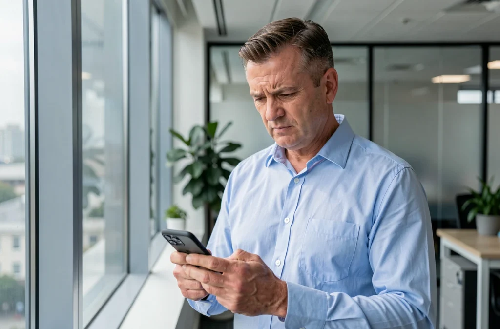Homme en bureau regardant son smartphone avec une expression frustrée, incertain si ses messages sont reçus