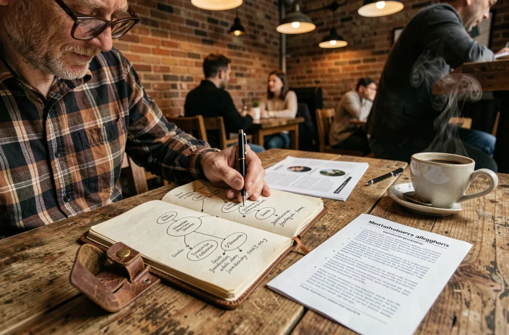 Homme d'âge mûr créant une carte mentale manuscrite sur les figures de style dans un café indépendant