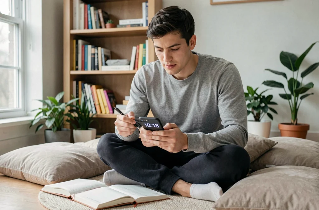 Jeune homme assis sur le sol de sa chambre, contemplant son téléphone affichant 18h18, réfléchissant à la signification de ce signe en amour