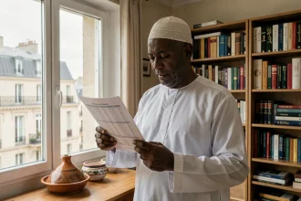 Homme consultant les horaires de prière imprimés dans un appartement de Vénissieux