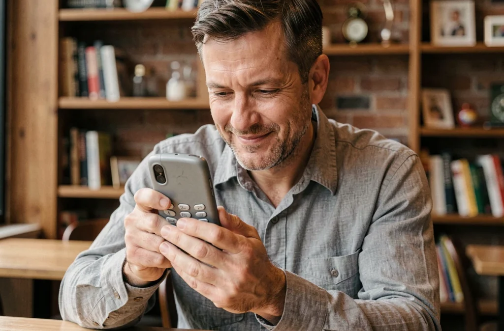 Homme tenant un Nokia 3310 vintage dans ses mains dans un café avec expression nostalgique
