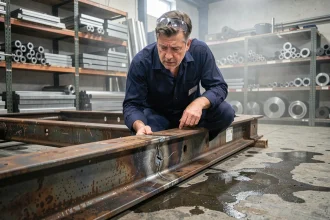 Ingénieur mécanique inspectant une fissure sur un châssis en acier dans un atelier industriel
