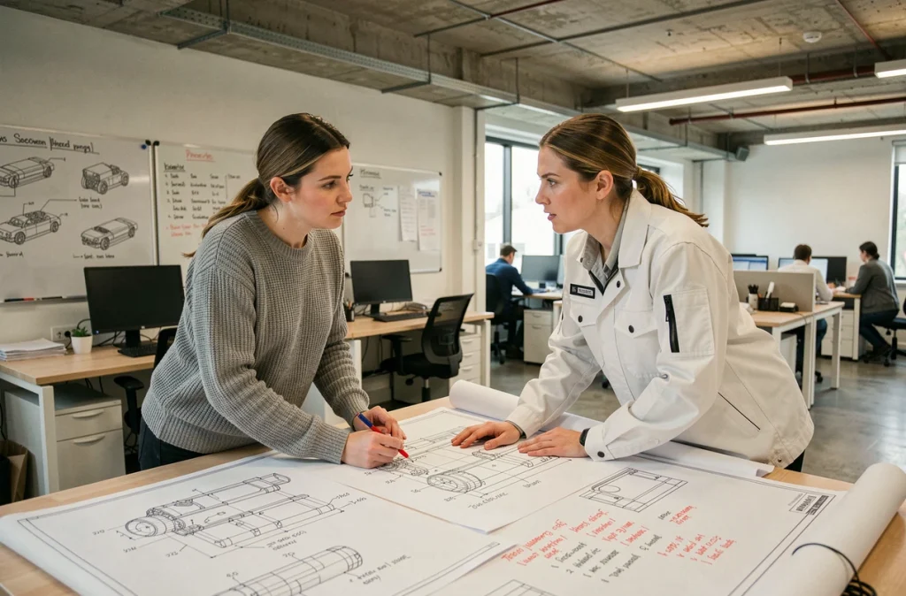 Deux ingénieures discutant des plans de conception d'un châssis sur une table de travail technique