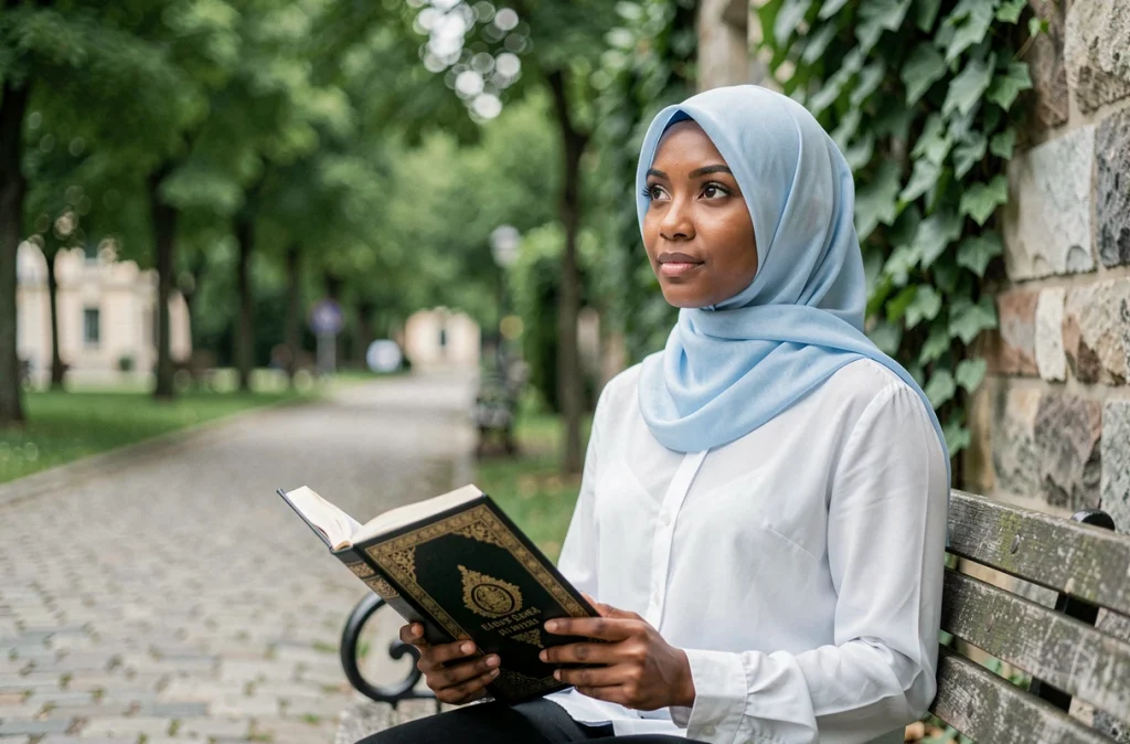 Jeune femme voilée lisant une traduction française de la sourate Al Kahf dans un parc urbain paisible