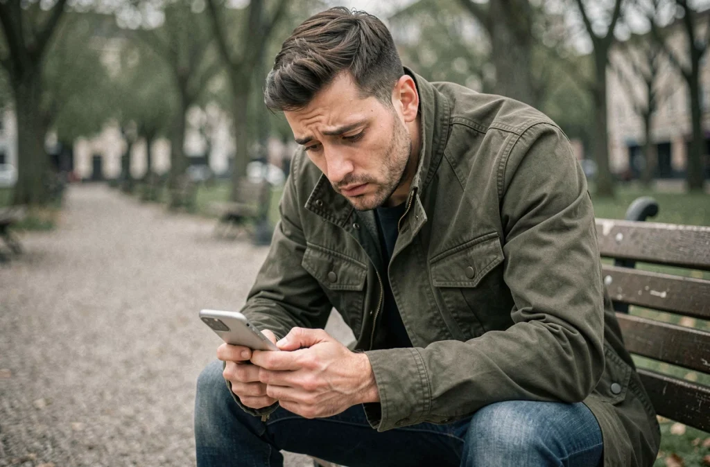 Jeune homme assis sur un banc de parc consultant l'historique d'appels de son téléphone avec inquiétude