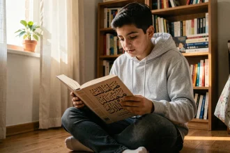 Jeune adolescent lisant la sourate Al Kahf dans un livre islamique en français, assis dans sa chambre